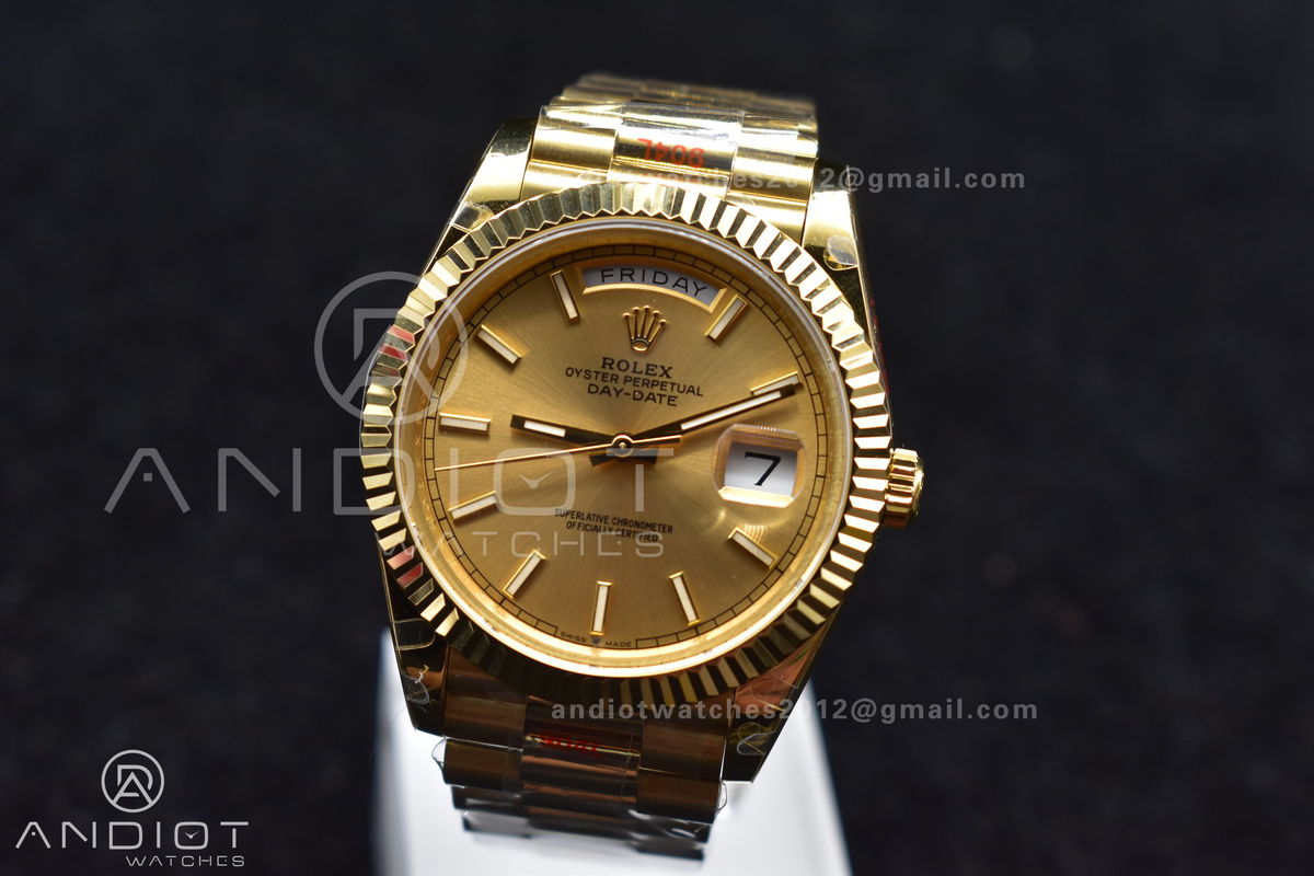 DayDate 40 YG JDF Gain Weight 904L Steel YG Dial Stick Markers on President Bracelet A2836 V2